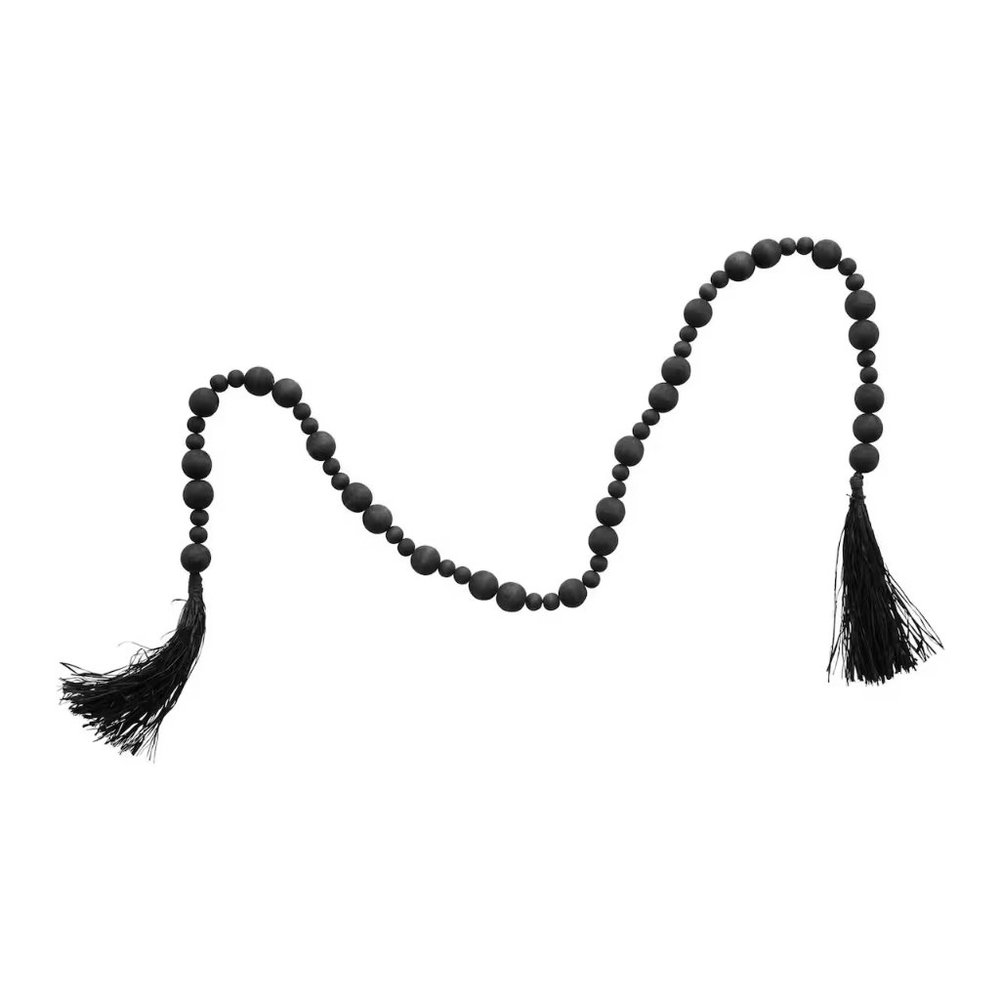 45" Black Acacia Wood Bead Garland with Raffia Tassel / NWT